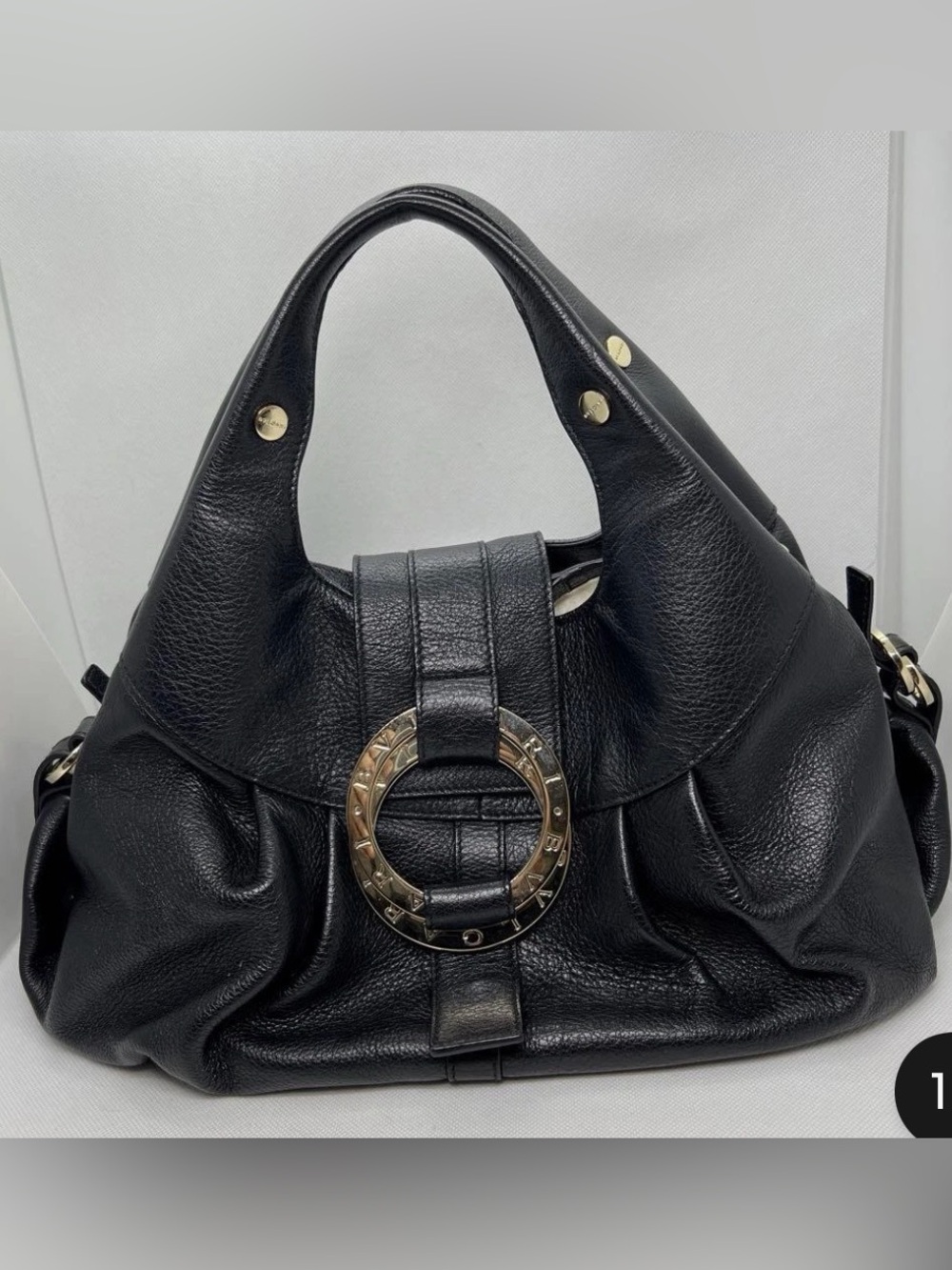 BVLGARI Black Leather Shoulder Bag with Gold Circular Emblem